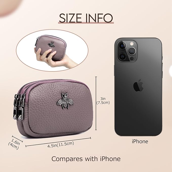 imeetu Women Leather Coin Purse, Small 2 Zippered Change Pouch Wallet