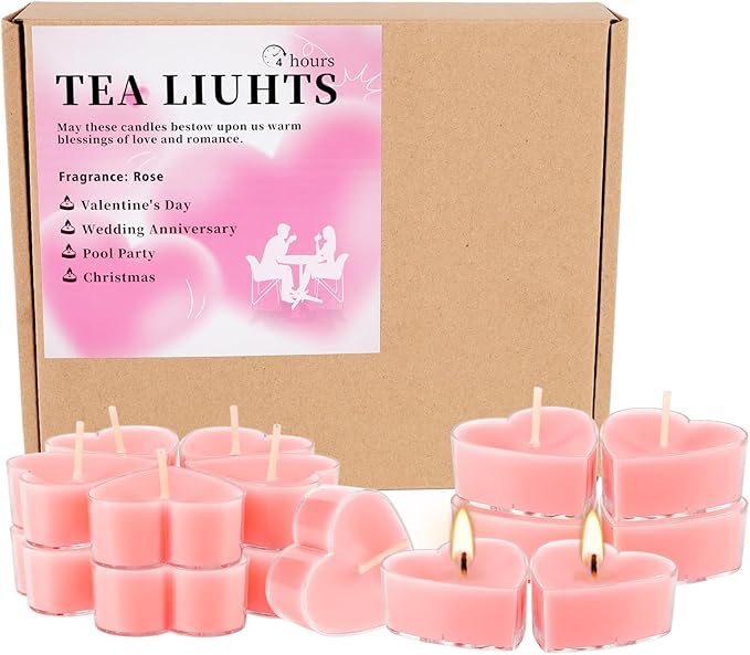 50Pcs Valentines Day Tealight Candles Rose Scented in Clear Cup,Love Pink Wax Votive Candle for Valentine's Day,Home Decor,Wedding, Anniversary, 4Hours Heart Shaped