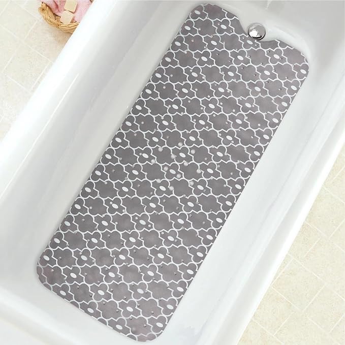 Bathtub Mat Non Slip, Grey Extra Long Bath tub Mat Shower Floor Mat with Suction Cups and Drain Holes for Adults Kids Elderly 40 X 16 Inch
