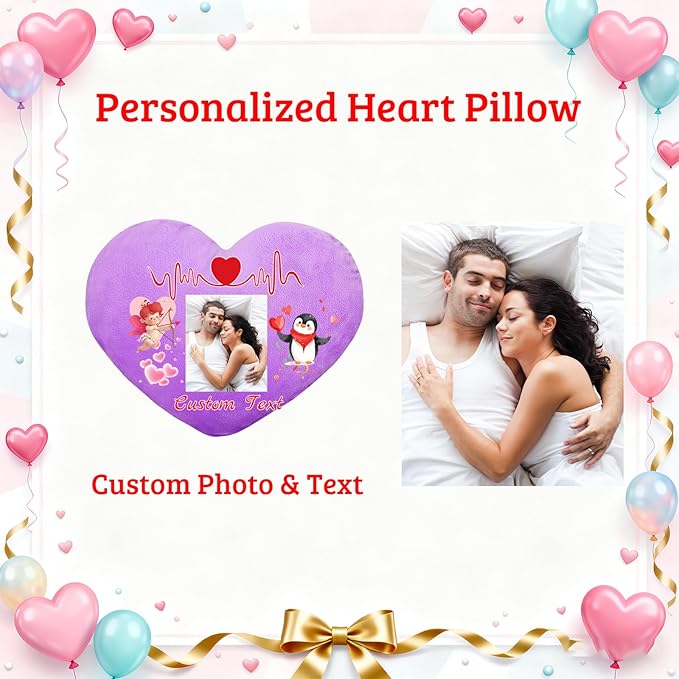 Custom Heart Pillow with Insert, Personalized Heart Shaped Pillows with Photo Name as Valentine Pillows for Hubsand Wife Home Decor Personalized Gifts for Valentines Day Anniversary
