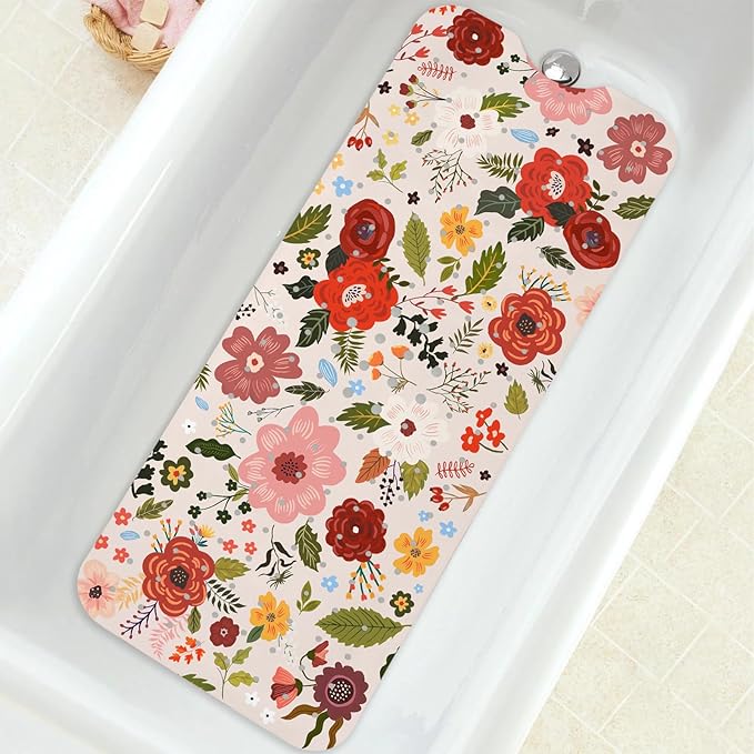 Bathtub Mat Non Slip, Bohemia Extra Long Bath tub Mat Shower Floor Mat with Suction Cups and Drain Holes for Adults Kids Elderly 40 X 16 Inch