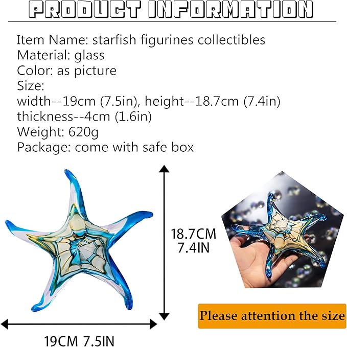 QFkris 7.5" Glass Starfish Figurine Collectibles Hand Blown Art Glass Sea Animals Marine Life Sculpture Home Decor Murano for Women