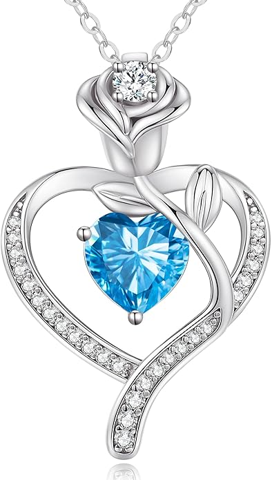 LOUISA SECRET Rose Flower Heart Birthstone Necklaces for Women, 925 Sterling Silver Fine Jewelry, Pendant Heart Necklaces Birthday Anniversary Christmas Gift for Women Wife Mom Girlfriend Lady
