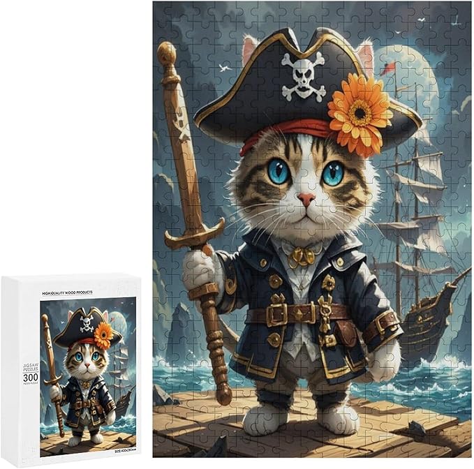 Wooden Puzzle - Classic Pirate Cat Leader Jigsaw Puzzles，Wooden Puzzles for Adults 300 Pieces Challenge Puzzles，Educational Games，Family Puzzles，Unique Gifts for Wall Art