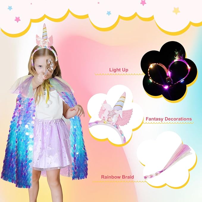 Meland Princess Dress Up for Girls 3-8, 11Pcs Mermaid Cape with Crown, Dress Up Clothes Birthday Gift Toys for Girls Toddlers