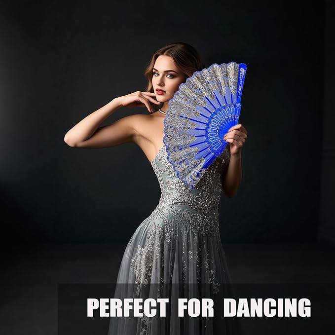 QIRMIZI 10 Pack Folding Handheld Fans,Silk Spanish Fan, Perfect for Weddings, Parties, and Dancing,Royal Blue