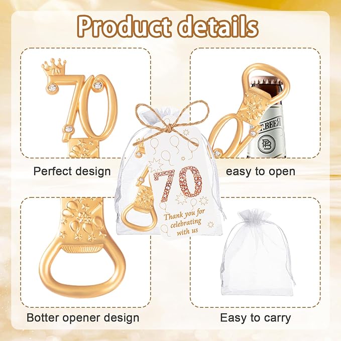 50 Pcs Golden 70th Birthday Party Favors with Rhinestones, 70th Birthday Bottle Openers,Perfect for Guests, Personalized 70 Beer Bottle Openers, 70th Anniversary Wedding Party Gifts (70th)