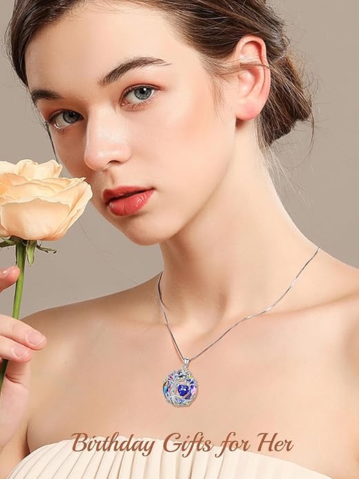 TOUPOP Tree of Life Birthstone Necklace 925 Sterling Silver Pendant Austrian Crystal Jewelry Anniversary Valentine's Day Birthday Gifts for Women Mom Her Wife
