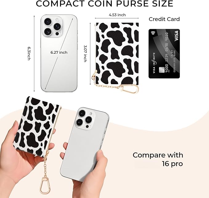 Cow Keychain Coin Purse for Women, Small PU Leather Change Pouch, Zipper Little Tiny Travel Wallet for Girls, Cute Kawaii Zip Pocket Coin Holder with Key Ring