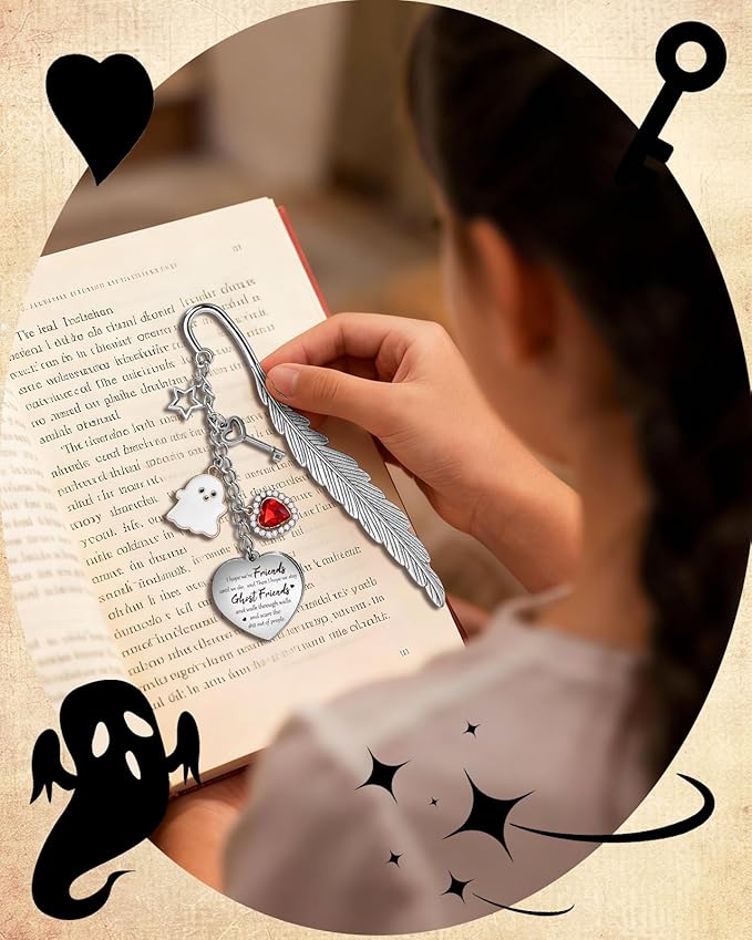 Buleens Bookmarks for Women Reading - Book Marks for Readers Book Lovers, Feather Funny Ghost Personalized Metal Bookmark with Pendants, Pretty and Aesthetic Book Accessories Reading Gifts