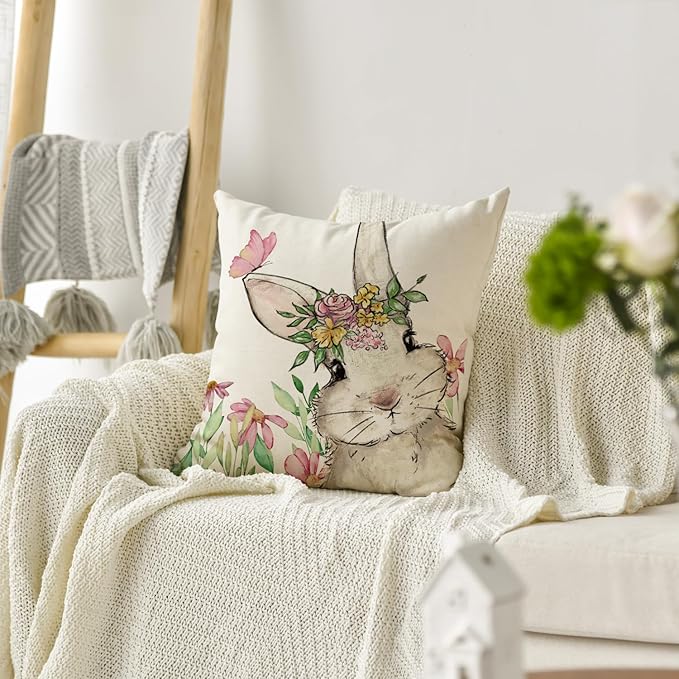 AVOIN colorlife Easter Floral Garland Bunny Throw Pillow Cover, 18 x 18 Inch Spring Rabbit Holiday Cushion Case Decoration for Sofa Couch