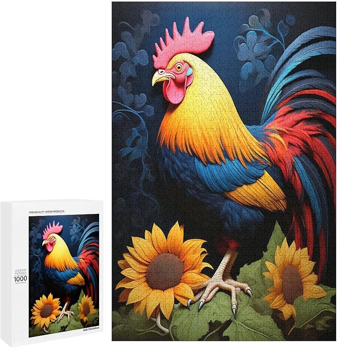 Rooster Sunflower Wooden Puzzle 1000 Pieces Jigsaw Puzzles for Adults Puzzle Educational Toys Challenging Fun Games Gifts for Elders Kids Family and Friends