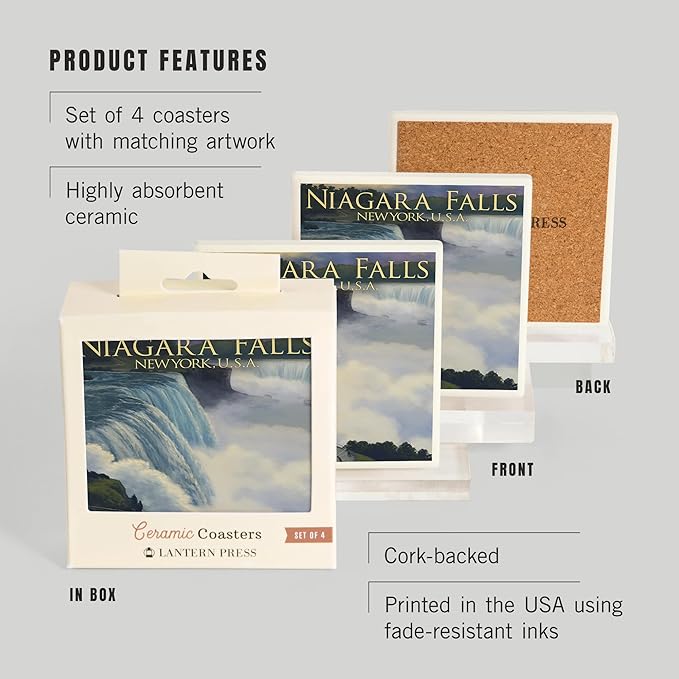 Lantern Press Niagara Falls, New York (Absorbent Ceramic Coasters Set of 4 Matching Images, Cork Back, Kitchen Table Decor)
