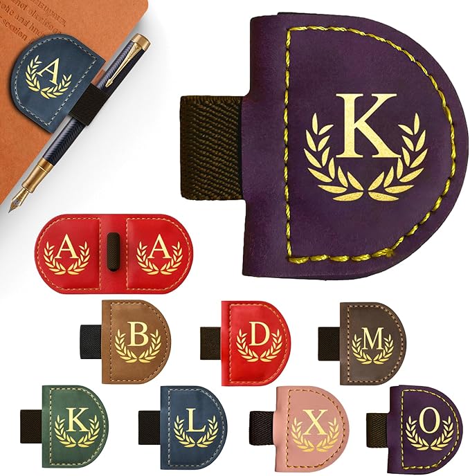 Personalized Leather Magnetic Bookmark with Pen Holder, Custom Bygone Mark Bookmark with Pen Holder, Custom Bookmarks with 26 Letters for Reading Women, Men, Teachers, Book Lovers（Purple，K）