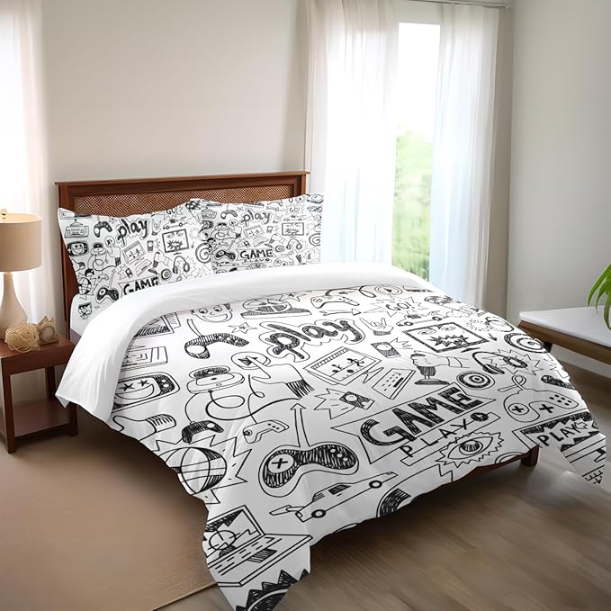 Gaming Comforter Sets for Boys Teen Full Size,Kids Video Games Bedding Set Sketch Style Athletic Racing Game Design Bedroom Home Decor