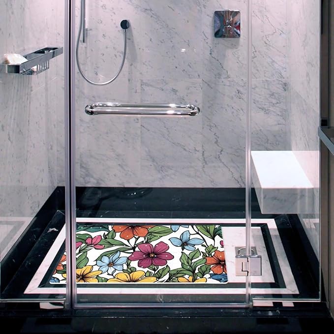 Non Slip Bath Mat for Tub, 15.1 x 26.8 Inch Bathtub Mat Machine Washable Shower Mat with Drain Holes and Suction Cups, Spring Garden Floral Leaves and Wild Flowers