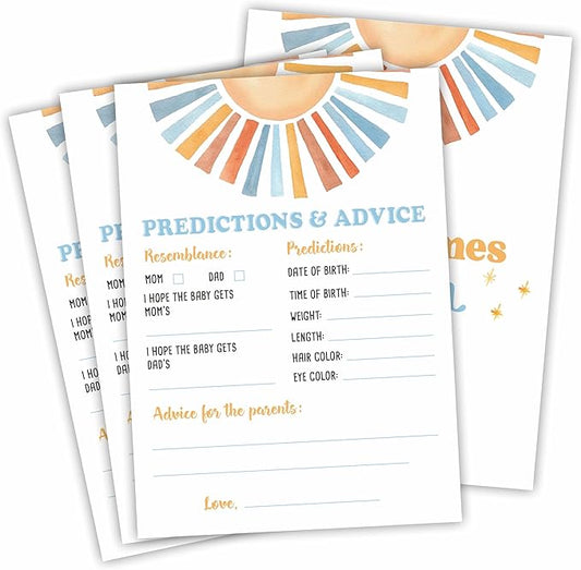 Sunshine Predictions & Advice Baby Shower Game Kit - Retro Here Comes The Sun - 30 Double-Sided Fill In Game Cards For Baby Shower, Gender Reveal Party Favor, Activity & Supplies - D01