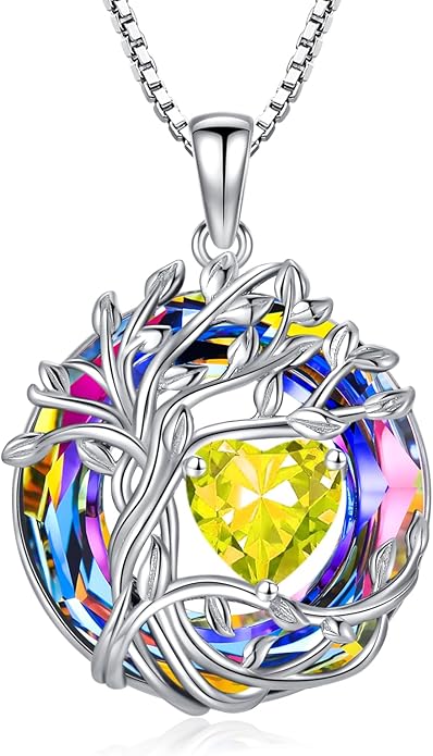 TOUPOP Tree of Life Birthstone Necklace 925 Sterling Silver Pendant Austrian Crystal Jewelry Anniversary Valentine's Day Birthday Gifts for Women Mom Her Wife