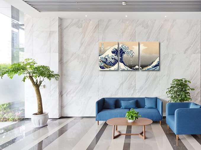 Wieco Art Great Wave of Kanagawa Katsushika Hokusai 3 Piece Modern Stretched Canvas Prints Artwork Abstract Pictures Paintings on Canvas Wall Art for Home Office Decorations Wall Decor