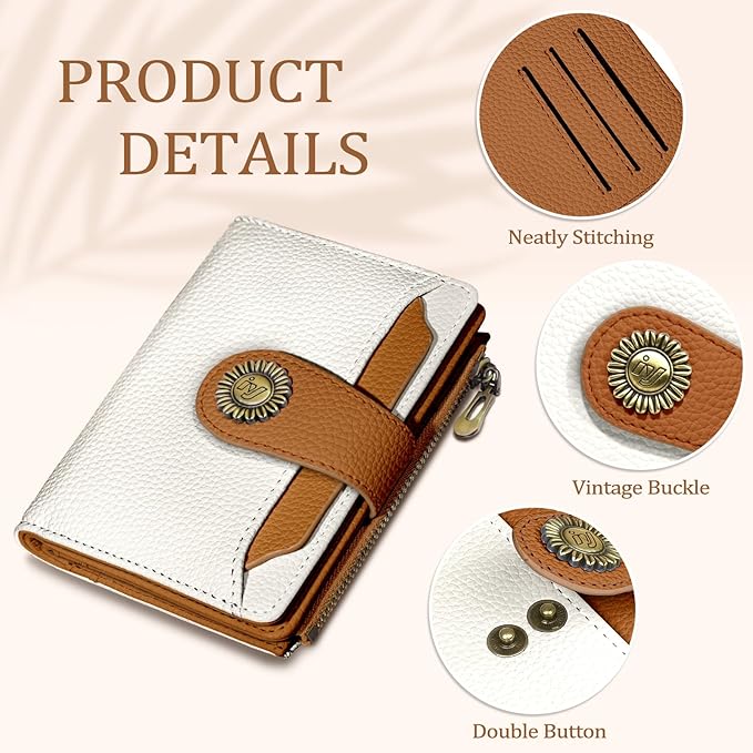 Beige Small Wallet Women RFID Blocking Bifold, Credit Card Holder, Zipper Coin Pocket, PU Leather, Compact, Travel, 4 ID Window, 14 Card Slots, Cash Purse, Ladies Woman Female Girls