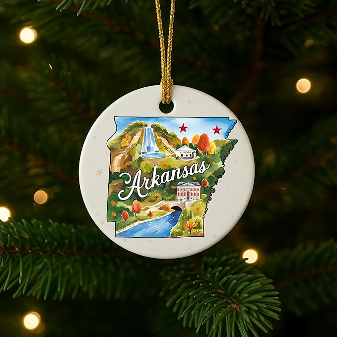 USA State Landmark Ceramic Ornament – Round Glossy Christmas Decoration Featuring U.S. State Art, Landmarks & Holiday Scenery – Collectible Travel Souvenir Ornament Series (Arkansas)