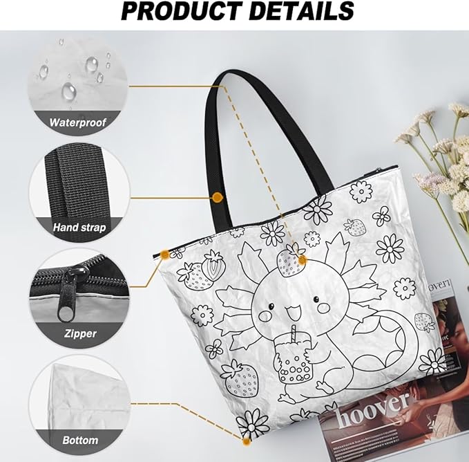 Cartoon Animal Printed DIY Coloring Tote Bag Waterproof Paper Handbags for Women Large Travel Shoulder Bags Purses