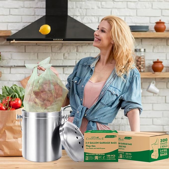 BEIDOU-PAC 3 Gallon Flap Tie Compostable Trash Bags, 300 Count Small Compost Bags, Biodegradable Kitchen Garbage Bags, Food Scrap Waste Bags for Countertop Bin, ASTM D6400, US BPI Certified