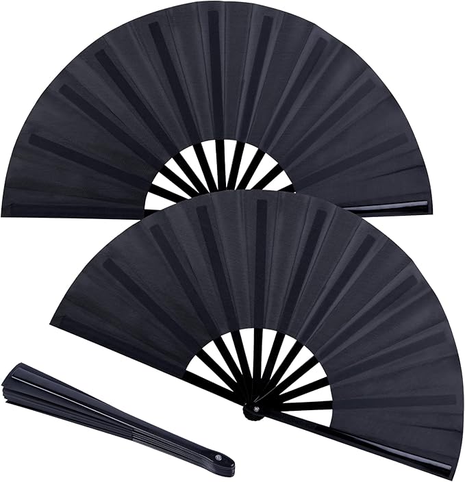 JOHOUSE 3 Packs Hand Fan Foldable, 13 Inch Black Rave Fan for Line Dancing Fabric Foldable for Clack Chinese Tai Chi Festival Craft Dance Party Decoration