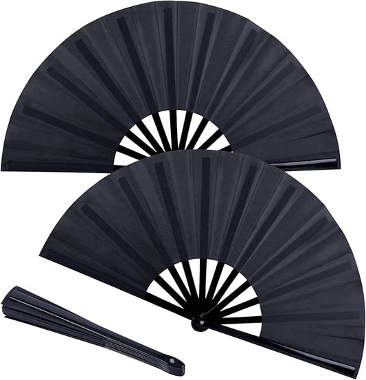 JOHOUSE 3 Packs Hand Fan Foldable, 13 Inch Black Rave Fan for Line Dancing Fabric Foldable for Clack Chinese Tai Chi Festival Craft Dance Party Decoration
