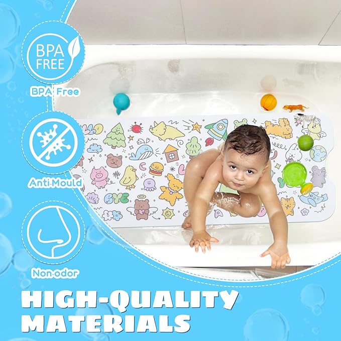 Baby Bath Mat for Tub Non Slip Kids Bathtub Mat Extra Long 40X16 Inch Toddler Bath Tub Shower Mat Anti Slip with Suction Cups & Drain Holes, Machine Washable (Cartoon)