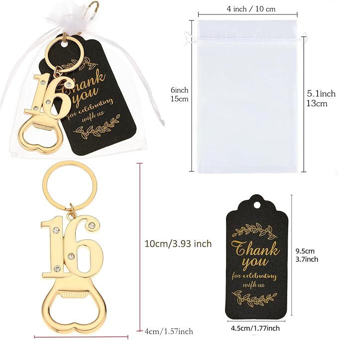 24 pcs 16th Gold Keychain Bottle Opener Birthday Party Favors for Guests,16th Beer Bottle Opener Favors Bulk for 16 Birthday Anniversary Souvenirs Party Decor Supplies (Gold 16th)