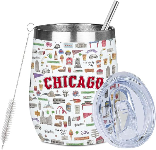 Chicago Gifts Travel Souvenir Wine Tumbler 12 oz Insulated Wine Glass Cup with Lid Straw Vacuum Insulated Cup,Travel Lover Gifts for Women Men Friend Sister Birthday Christmas Appreciation