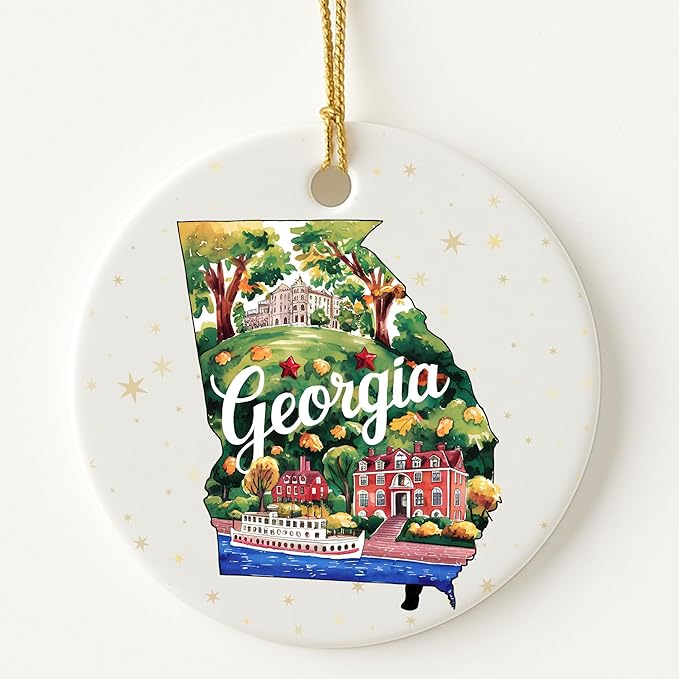 USA State Landmark Ceramic Ornament – Round Glossy Christmas Decoration Featuring U.S. State Art, Landmarks & Holiday Scenery – Collectible Travel Souvenir Ornament Series (Georgia)