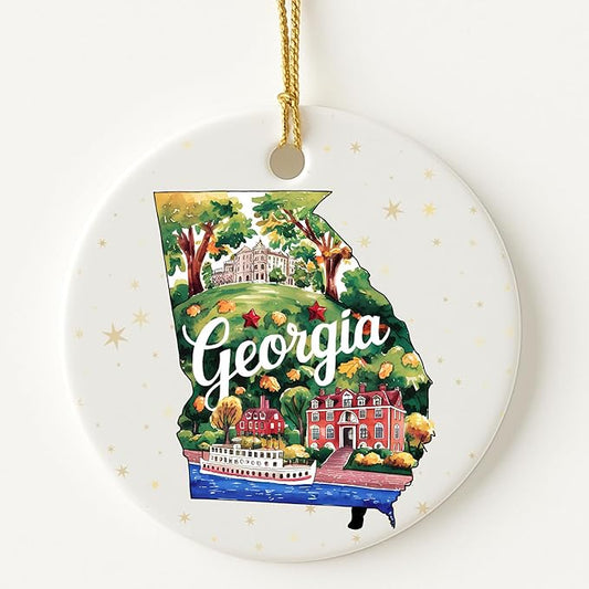 USA State Landmark Ceramic Ornament – Round Glossy Christmas Decoration Featuring U.S. State Art, Landmarks & Holiday Scenery – Collectible Travel Souvenir Ornament Series (Georgia)