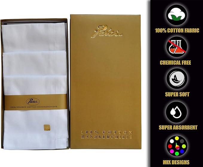 Caruso Italy Paras Men's 100% Pure Combed Cotton White Malmal Handkerchief (Pack of 12)