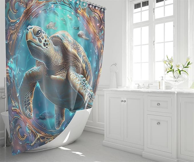 4 Pcs Sea Turtle Shower Curtain - Under The Sea Shower Curtain for Bathroom Ocean Bathroom Sets with Curtain and Rugs