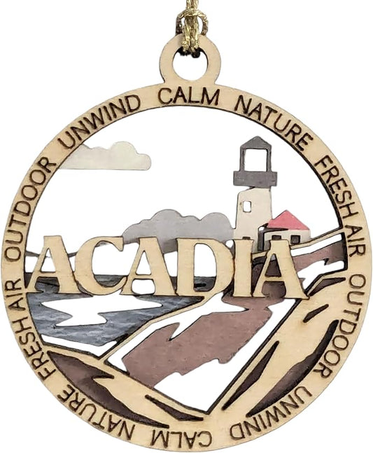 Acadia National Park Lighthouse - 3" Round Wood Christmas Ornament, Handmade in USA, 2-Layer Laser Cut with Color Artwork