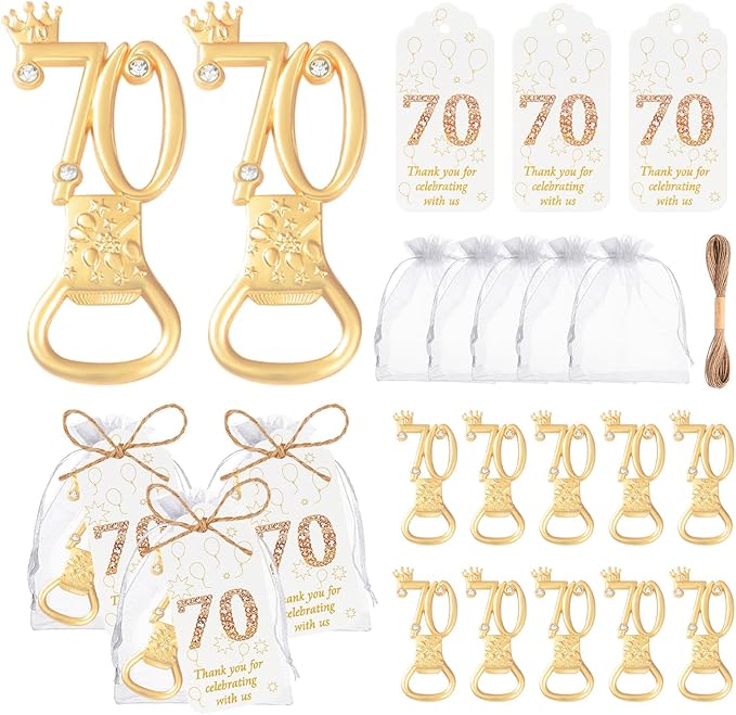 50 Pcs Golden 70th Birthday Party Favors with Rhinestones, 70th Birthday Bottle Openers,Perfect for Guests, Personalized 70 Beer Bottle Openers, 70th Anniversary Wedding Party Gifts (70th)