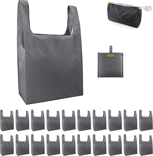 BeeGreen Grey Reusable Shopping Bags Wholesale Gray Reusable Grocery Bags Bulk Foldable-Machine Washable with Zipper Storage Pouch 20 Pieces