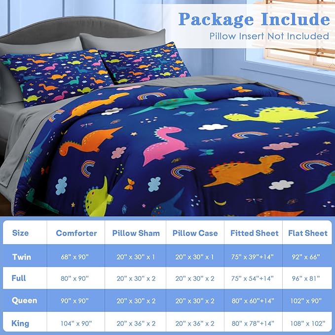 Comforter Set Queen Size, Cute Dragon Grey 7 Pcs Bedding for Kids and Adults, Colorful Wildlife Funny Bed Sheet Sets with Fitted Sheet 2 Pillowcase & 2 Sham for Bedroom Bed Decor