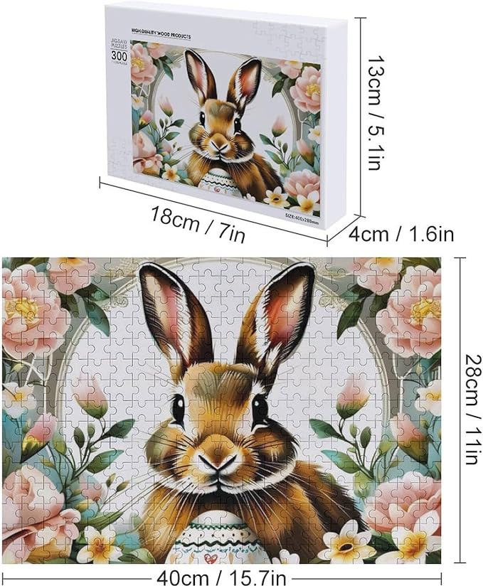 Wooden Puzzle - Easter Bunny with Flower Easter Egg Jigsaw Puzzles，Wooden Puzzles for Adults 300 Pieces Challenge Puzzles，Educational Games，Family Puzzles，Unique Gifts for Wall Art