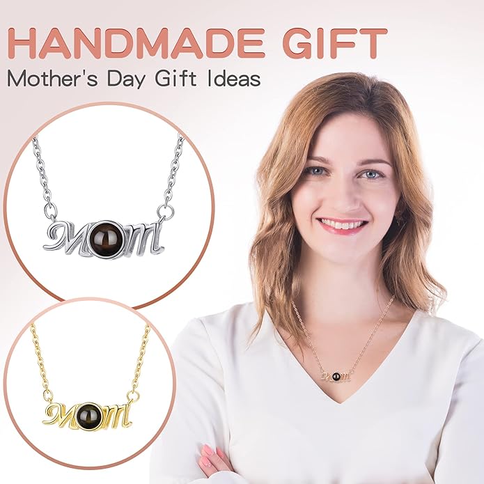 SUPHELPU Personalized Mother's Day Gifts for Mom From Daughter - Custom Photo Necklace With Picture Inside - Projection Necklace for Mom - Memorial Gift