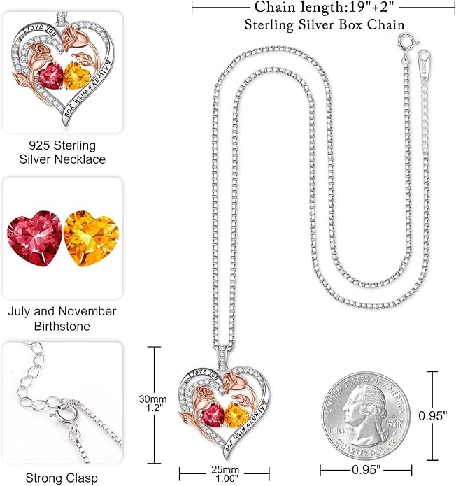 Iefil Valentines Day Gifts for Her - 925 Sterling Silver Rose Heart Birthstone Necklace Birthday Anniversary Jewelry Gifts for Her Wife Mom Daughter