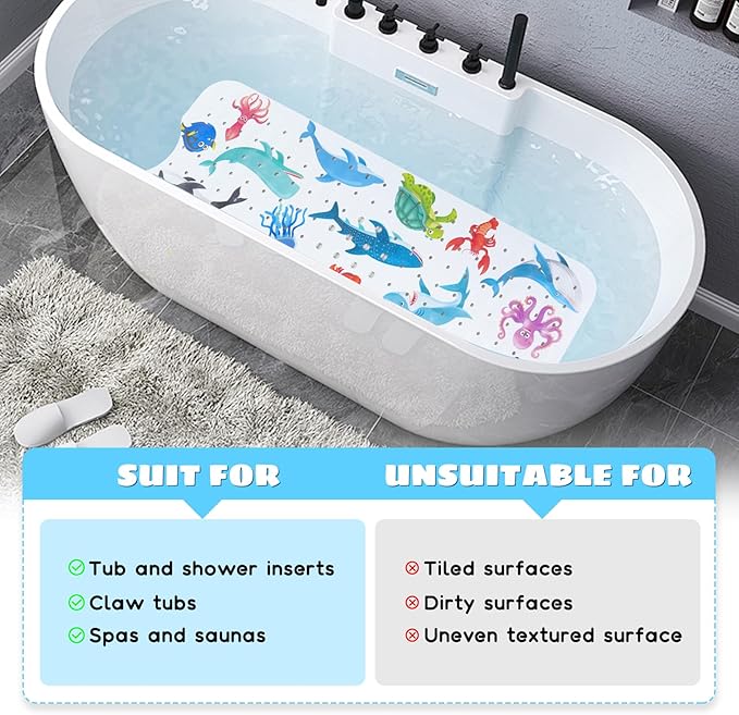 Baby Bath Mat for Tub Non Slip Kids Bathtub Mat Extra Long 40X16 Inch Toddler Bath Tub Shower Mat Anti Slip with Suction Cups & Drain Holes, Machine Washable (Ocean Animals)