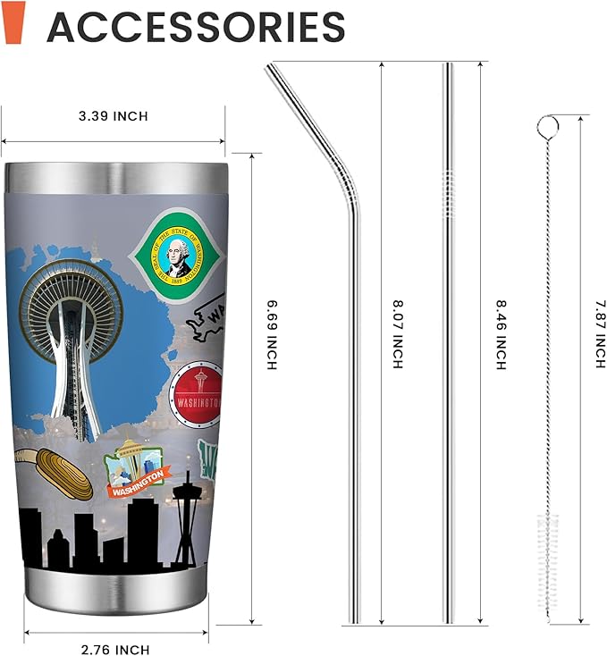 20oz Insulated Tumbler Washington State Coffee Mug, United States Map Travel Mug Landmark, Birthday Gifts Cute Custom Tumbler Cups with Lid and Straw Gifts for Mom