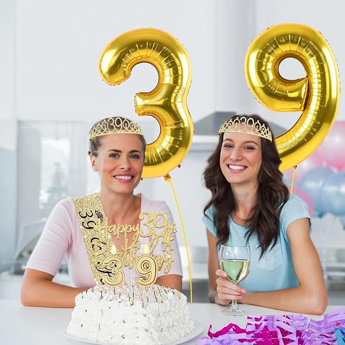 39th Birthday Decorations for Women Gold with 39th Birthday Sash and Tiara,Cake Topper and Candles, Number Balloons, 39 Year Old Gifts for Women