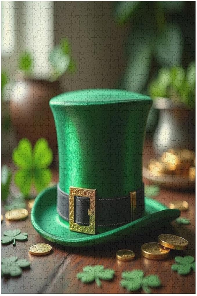 Saint Patrick's Day Green Shamrock Shamrock Hat Lucky Wooden Puzzle 1000 Pieces Jigsaw Puzzles for Adults Puzzle Educational Toys Challenging Fun Games Gifts for Elders Kids Family and Friends