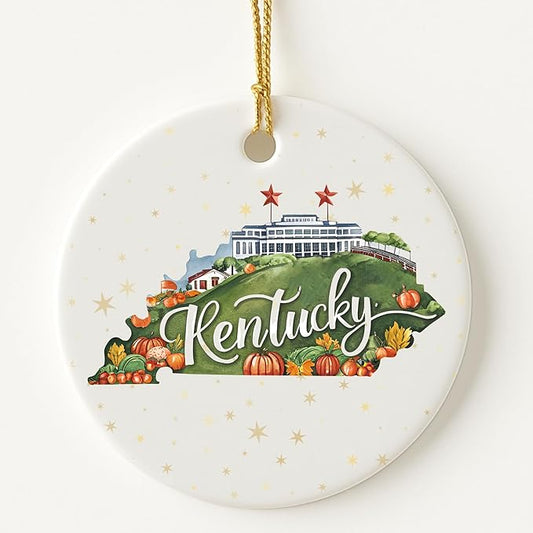USA State Landmark Ceramic Ornament – Round Glossy Christmas Decoration Featuring U.S. State Art, Landmarks & Holiday Scenery – Collectible Travel Souvenir Ornament Series (Kentucky)