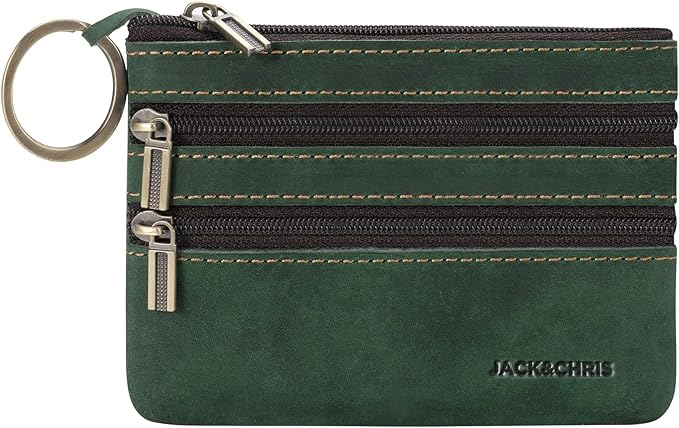 Jack&Chris Coin Purse Pouch for Men, Genuine Leather Coin Purse Zipper Pocket with Keychain Ring, Coin Bag for Men,JC301-Green