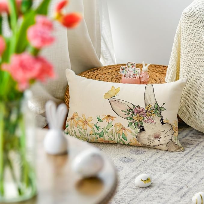 AVOIN colorlife Easter Yellow Floral Garland Bunny Throw Pillow Cover, 12 x 20 Inch Spring Rabbit Holiday Cushion Case Decoration for Sofa Couch